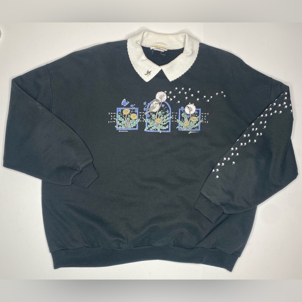 Vintage Morning Sun Collared Granny Sweatshirt with Dandelion Sleeve Print Lrg